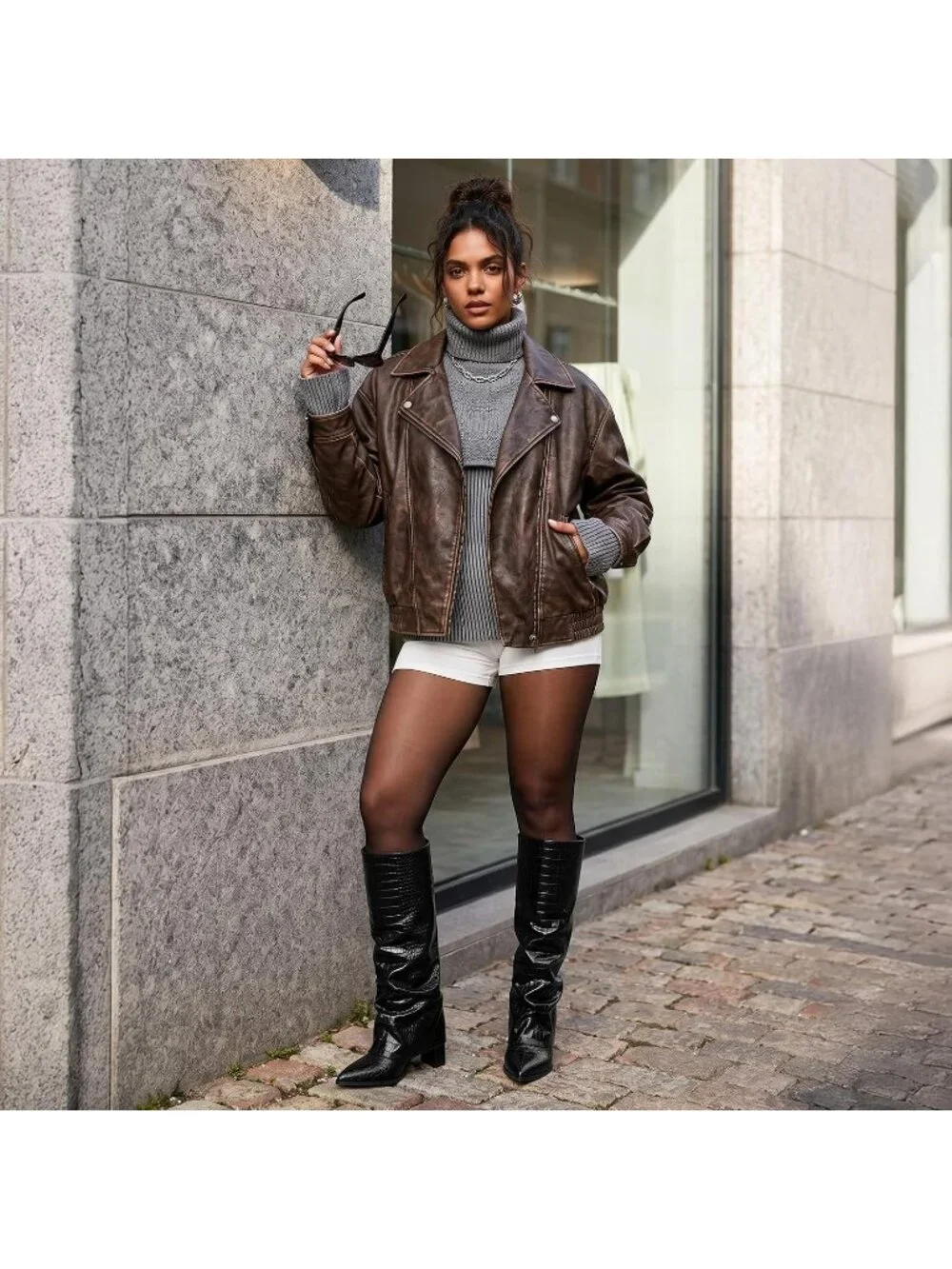 Women's Black Croco Pointed Toe Pu Leather Chunky Heel Fold Over Knee High Boots